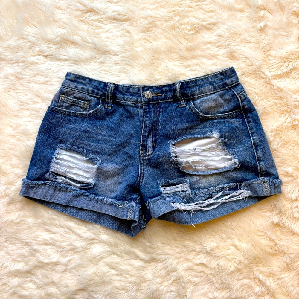 Sheilay Distressed Mid Rise Denim Cuffed Shorts Womens Small